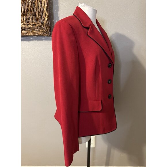 Kasper Suit Jacket Blazer 14 Red Black Trim Classic 3 Button Stretch - Picture 4 of 12